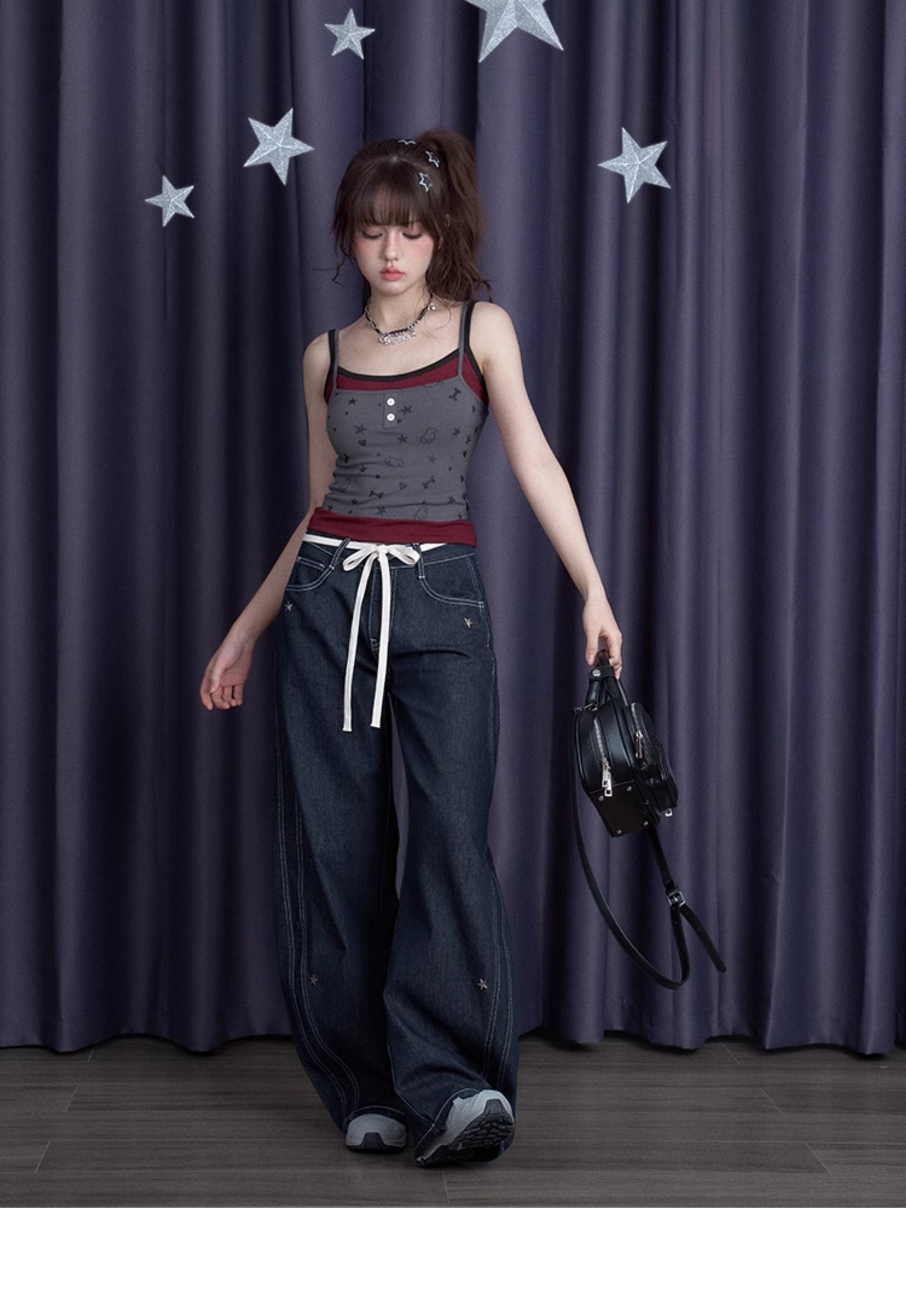 Faux-Layered Camisole Top With Puppy Party Print