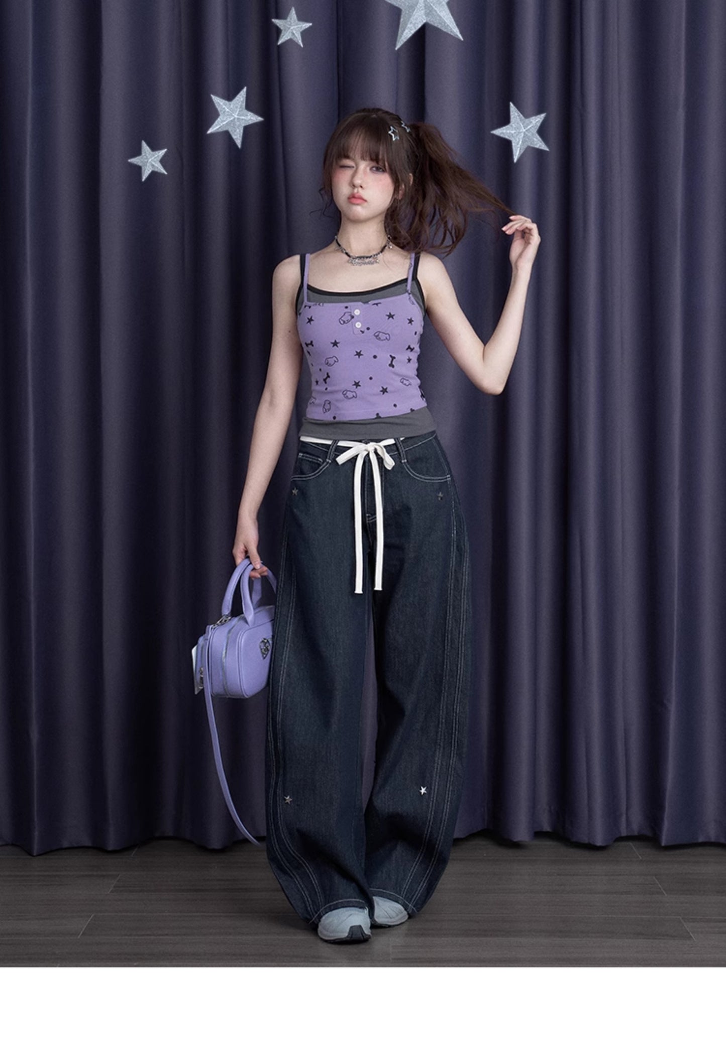 Faux-Layered Camisole Top With Puppy Party Print