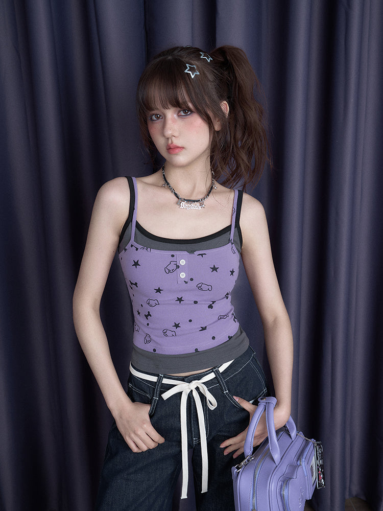 Faux-Layered Camisole Top With Puppy Party Print