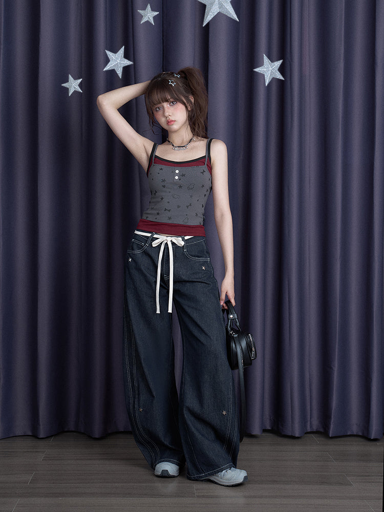 Faux-Layered Camisole Top With Puppy Party Print