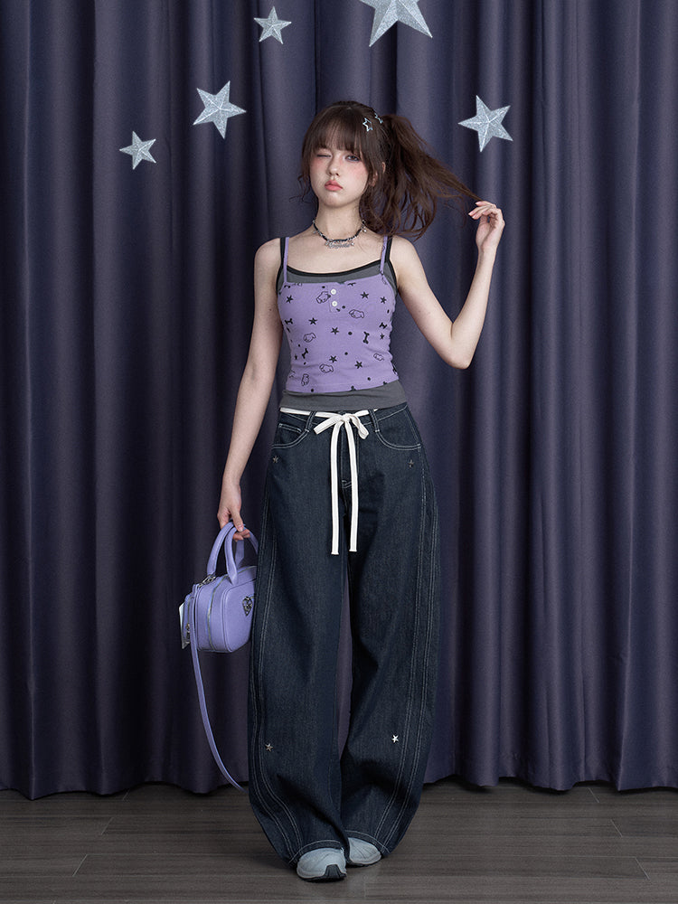 Faux-Layered Camisole Top With Puppy Party Print