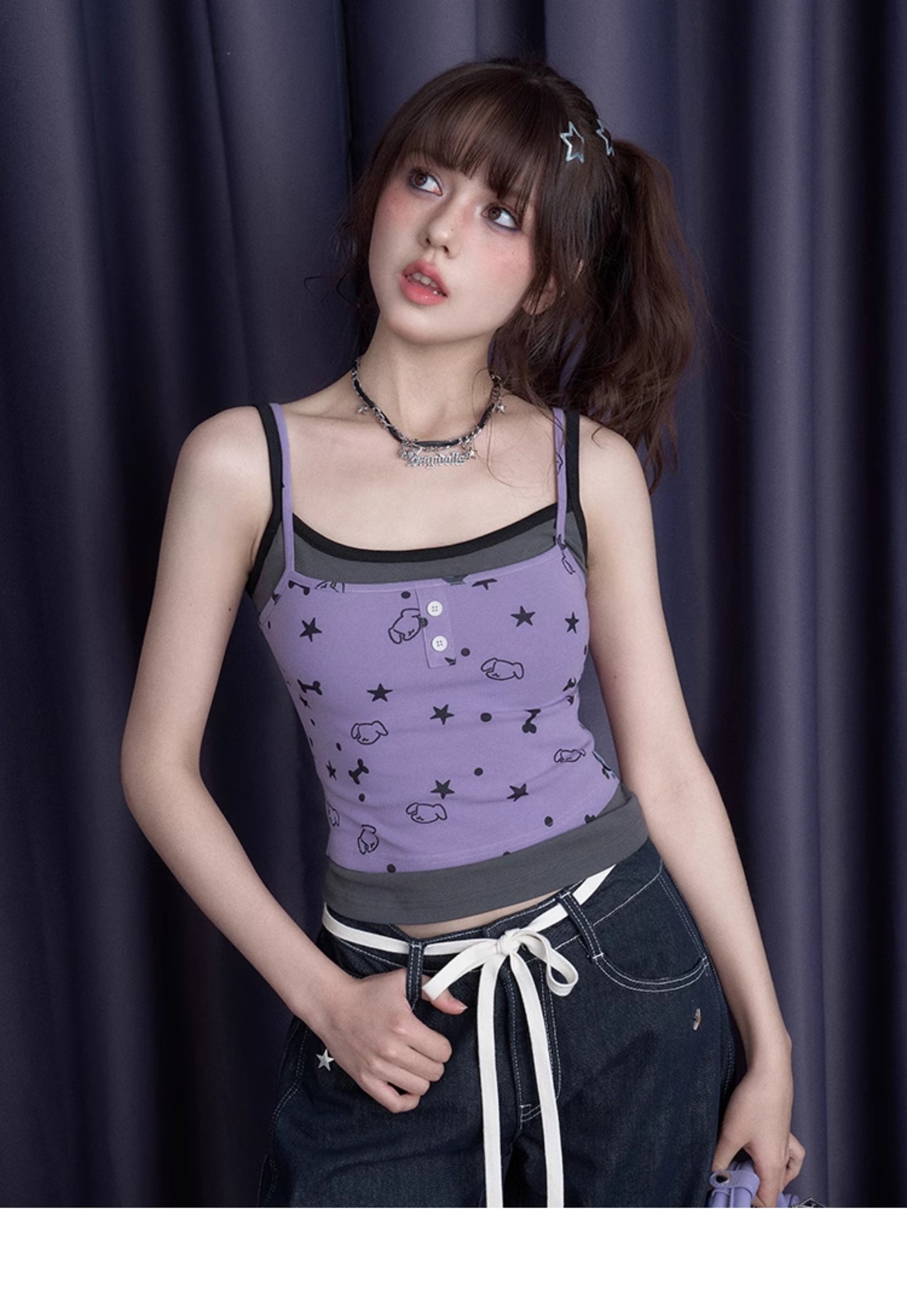 Faux-Layered Camisole Top With Puppy Party Print