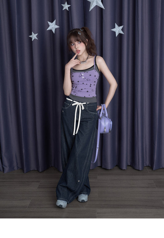 Faux-Layered Camisole Top With Puppy Party Print