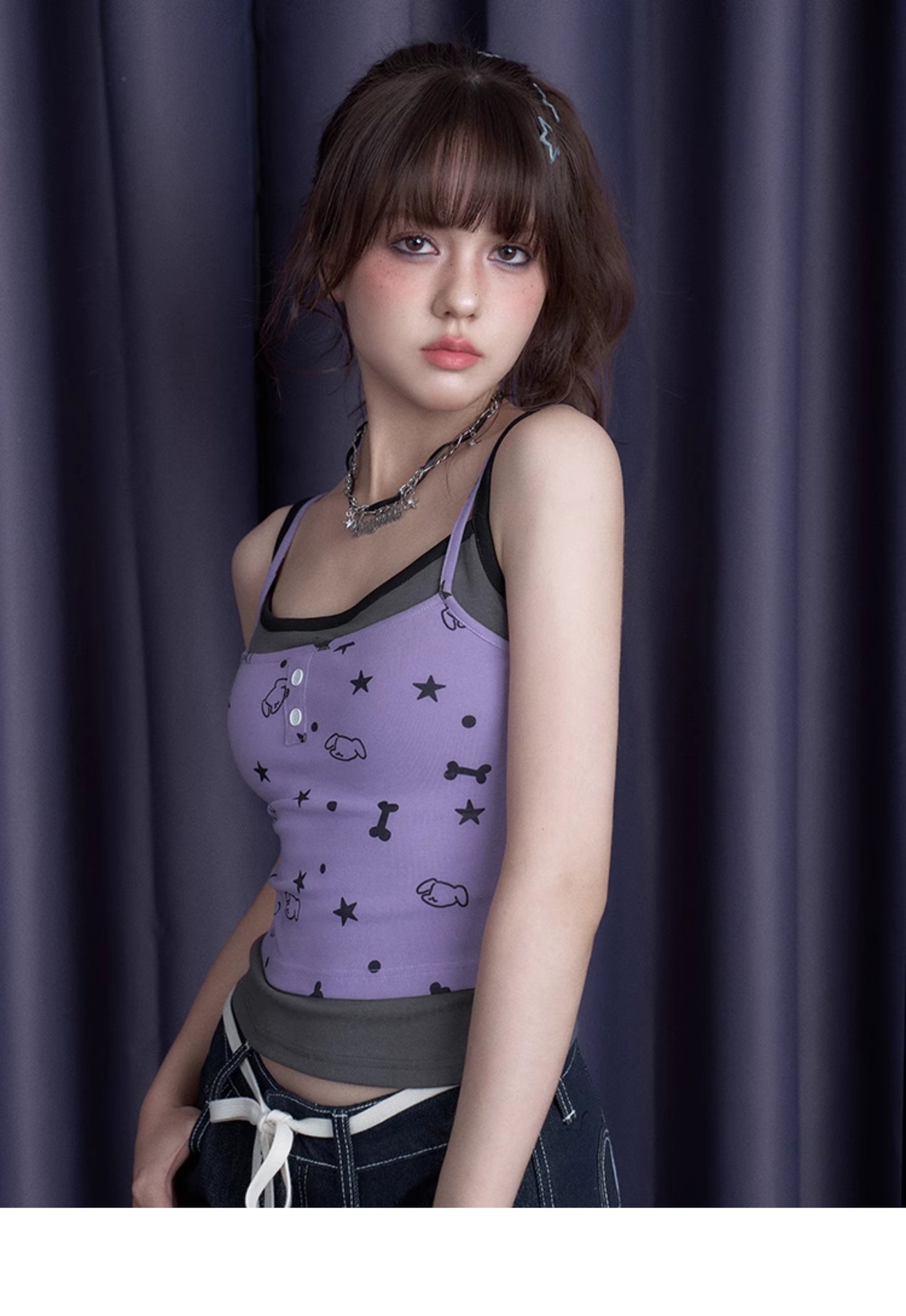 Faux-Layered Camisole Top With Puppy Party Print