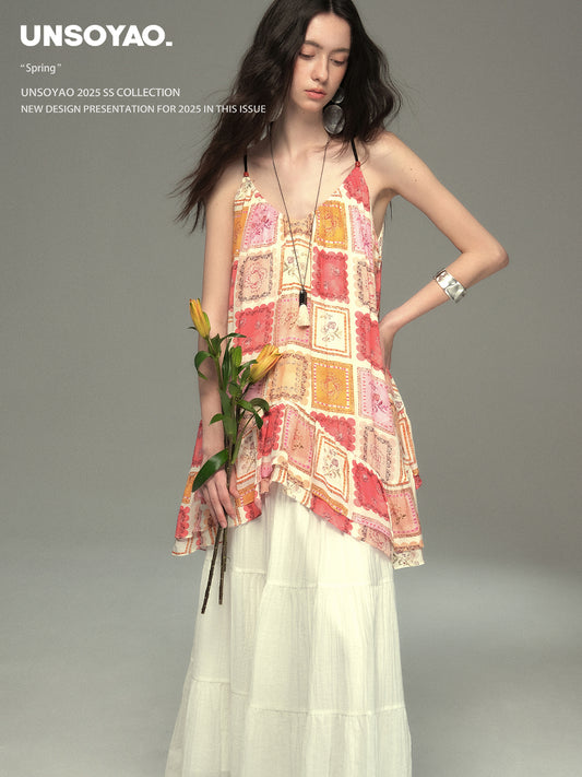 Floral Motif Boho Ruffle Strap Top