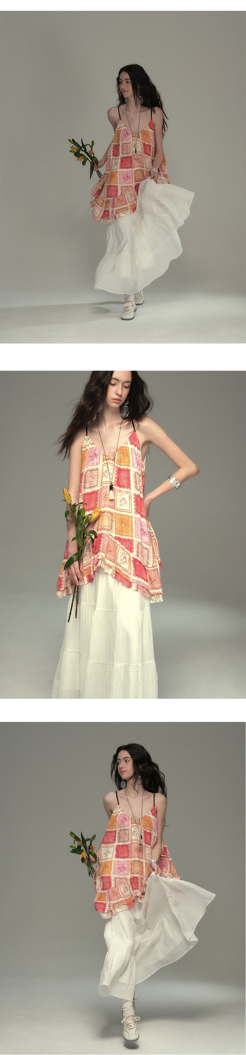 Floral Motif Boho Ruffle Strap Top