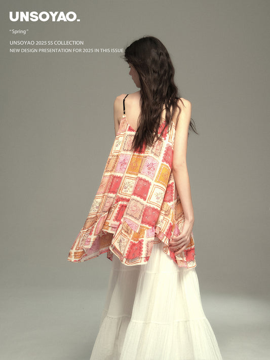 Floral Motif Boho Ruffle Strap Top