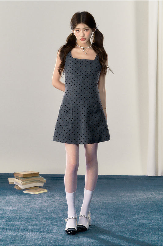 A-Line Fitted Pinafore Dot Dress & Puff-Sleeve Ribbon Shirt