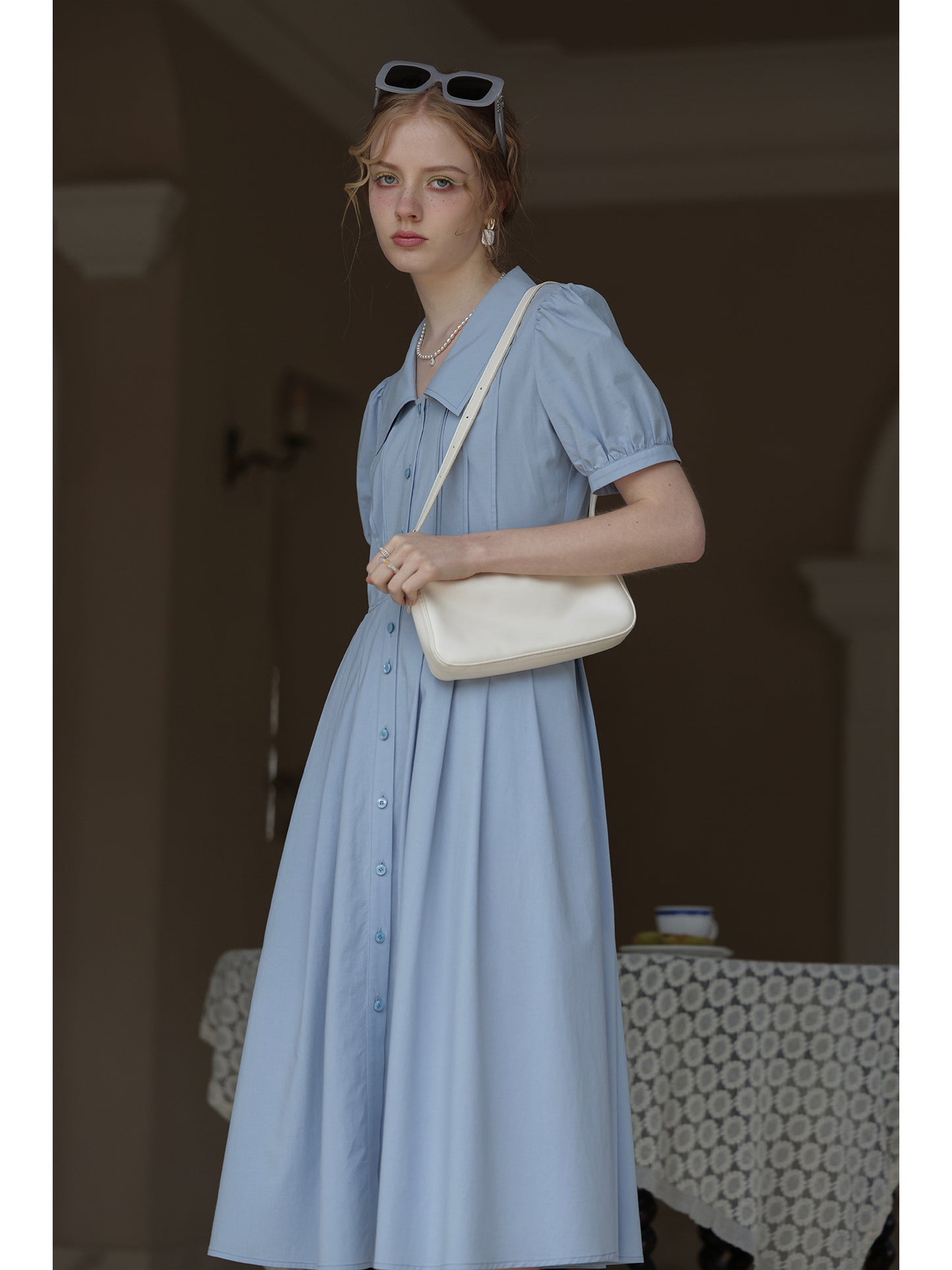 Flat-Collar Pleated Shirt Dress