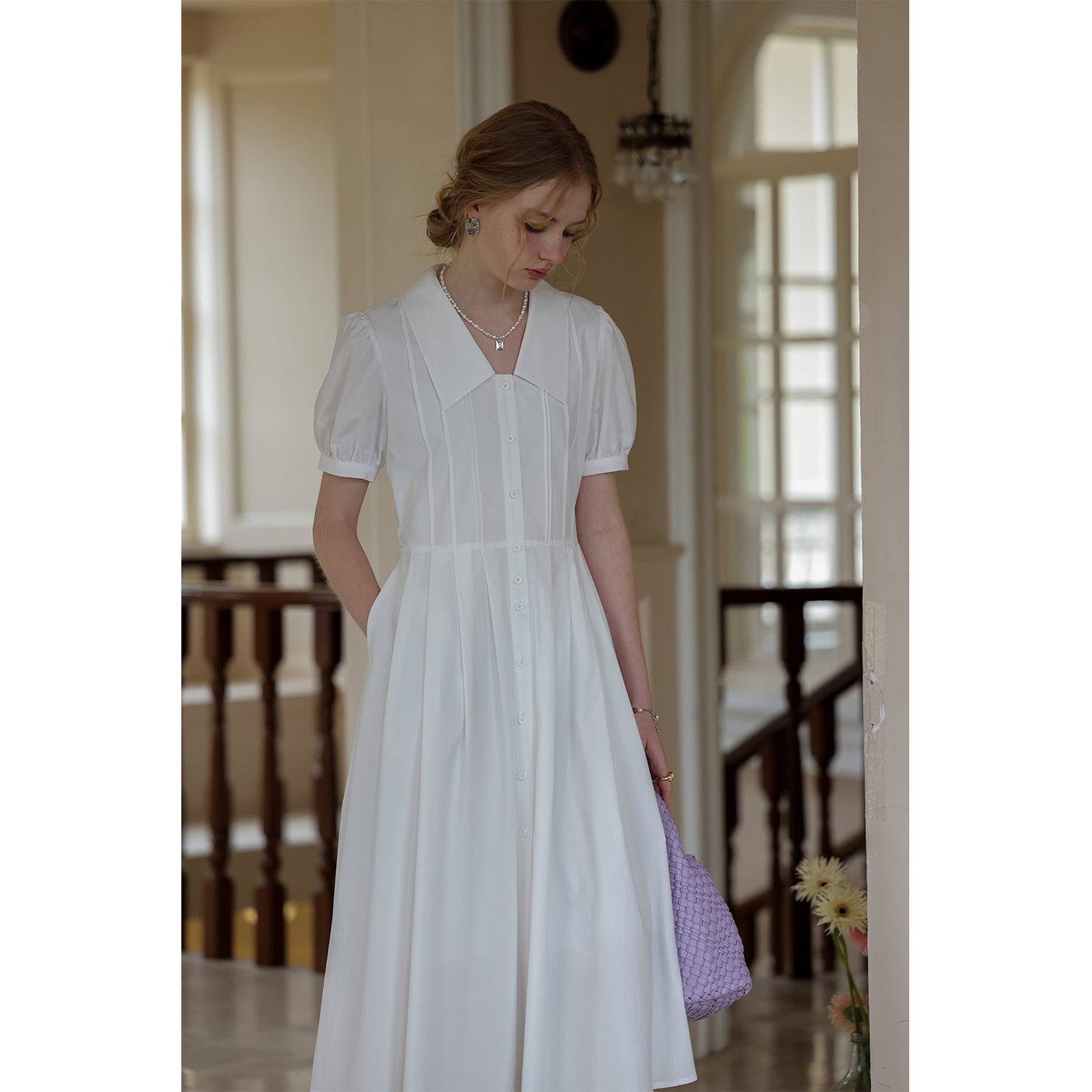 Flat-Collar Pleated Shirt Dress