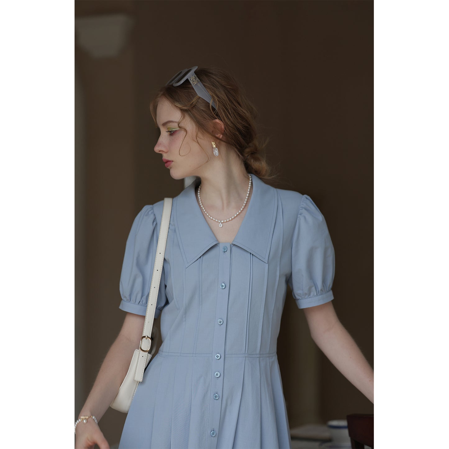 Flat-Collar Pleated Shirt Dress