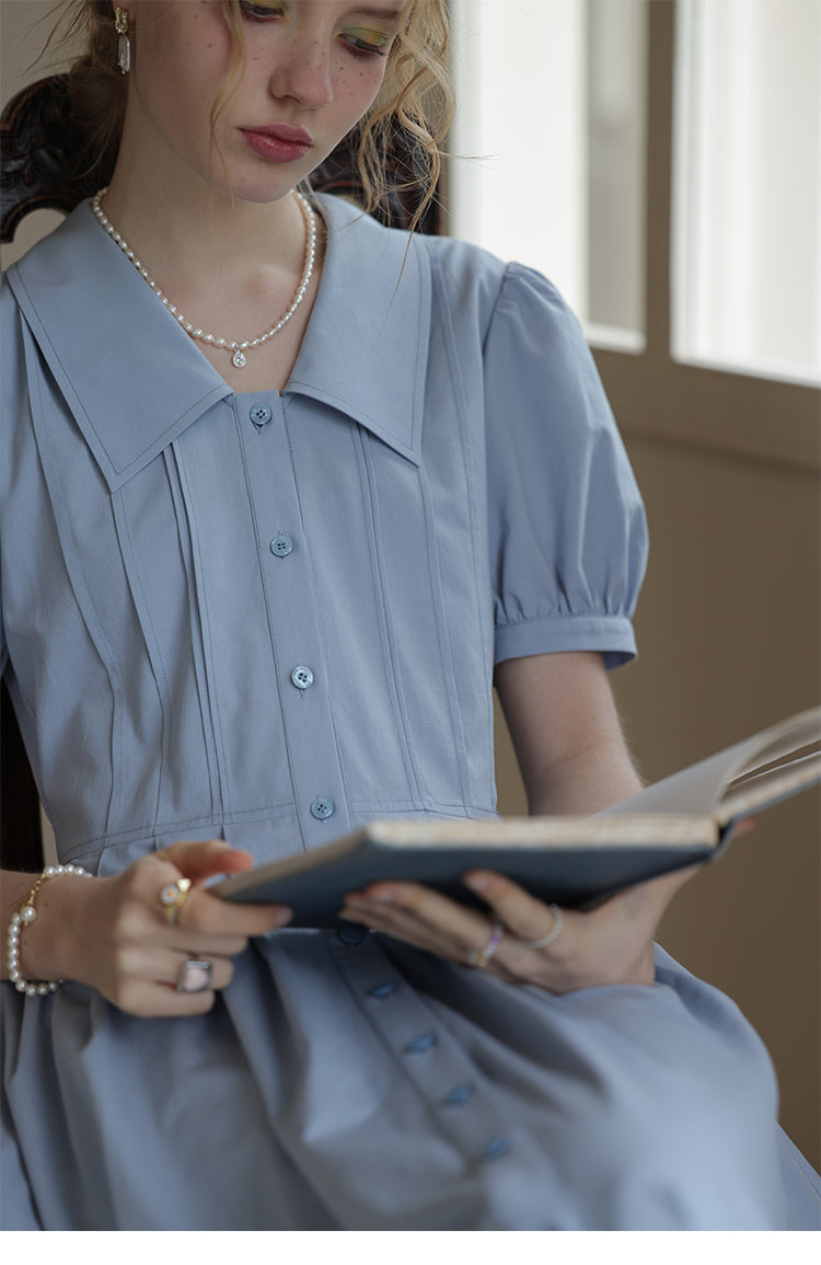 Flat-Collar Pleated Shirt Dress