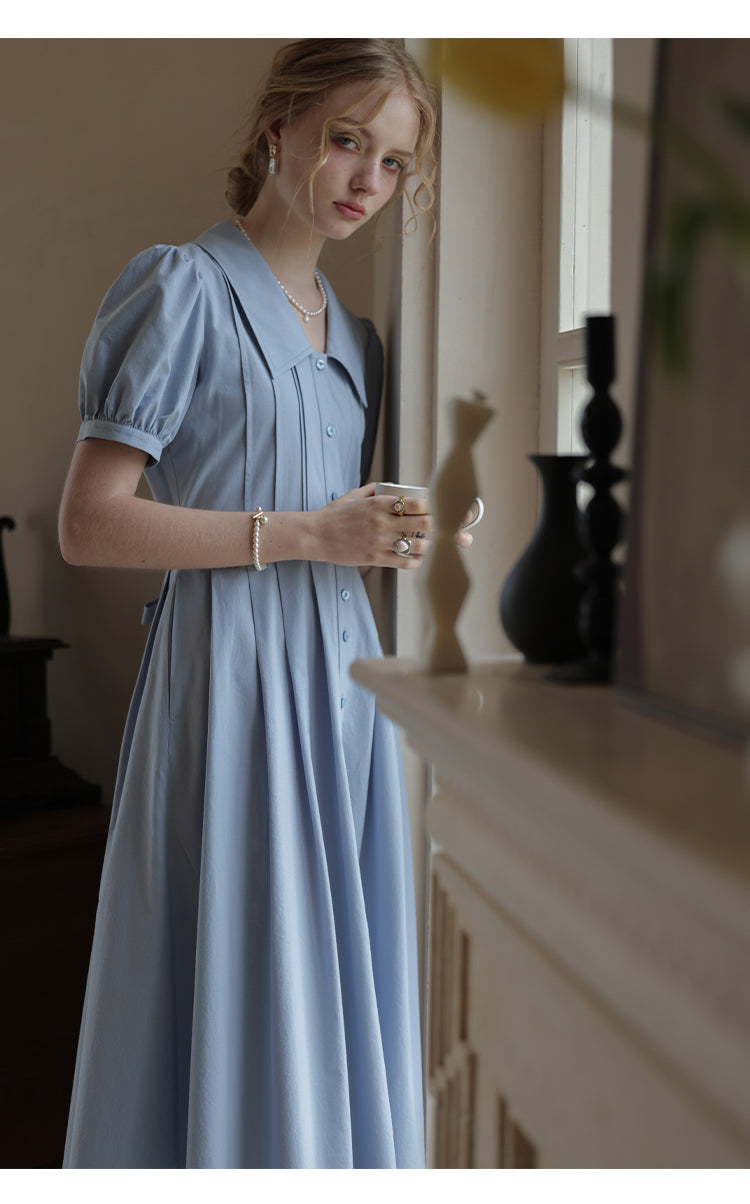 Flat-Collar Pleated Shirt Dress