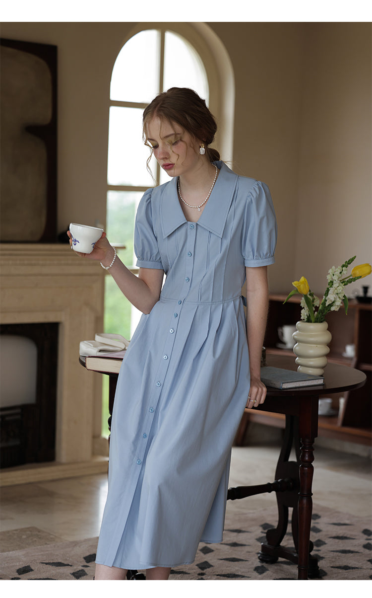 Flat-Collar Pleated Shirt Dress