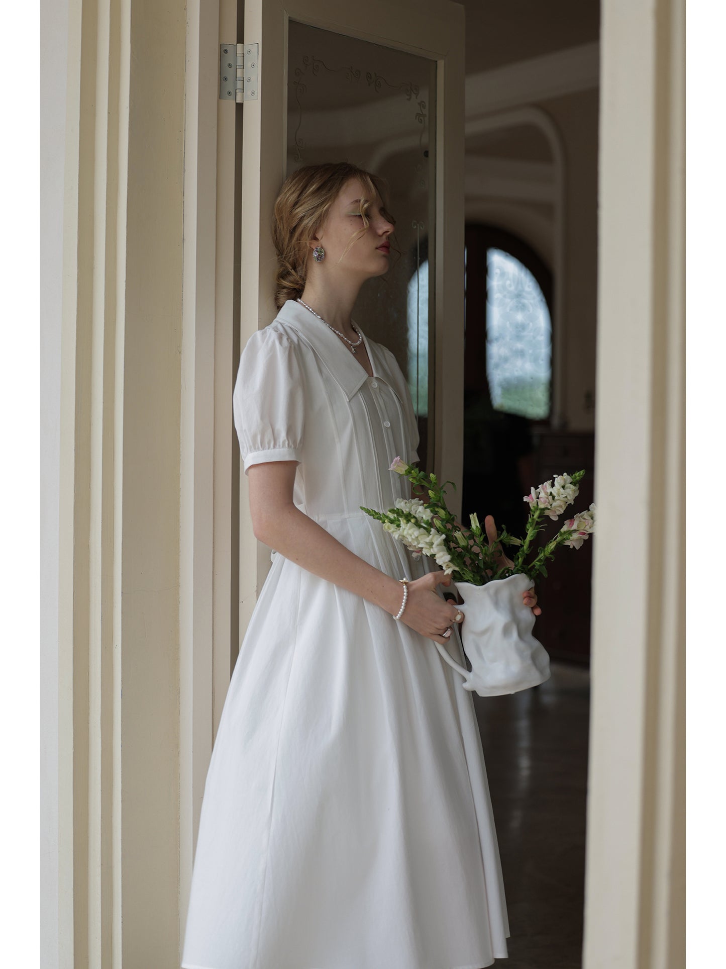 Flat-Collar Pleated Shirt Dress