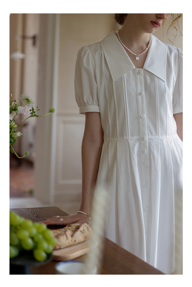 Flat-Collar Pleated Shirt Dress