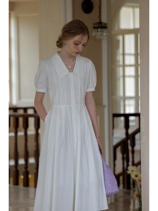 Flat-Collar Pleated Shirt Dress