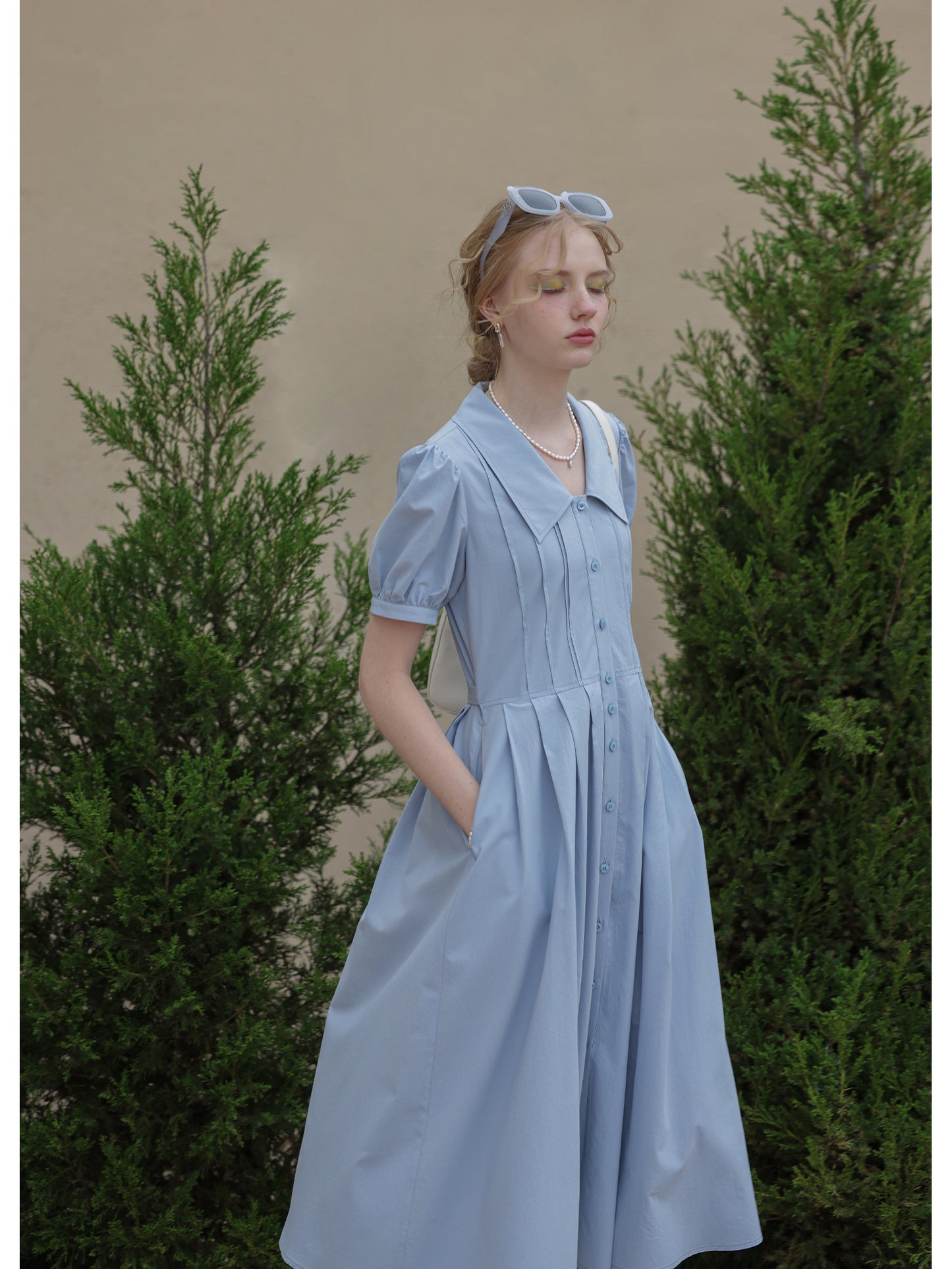 Flat-Collar Pleated Shirt Dress