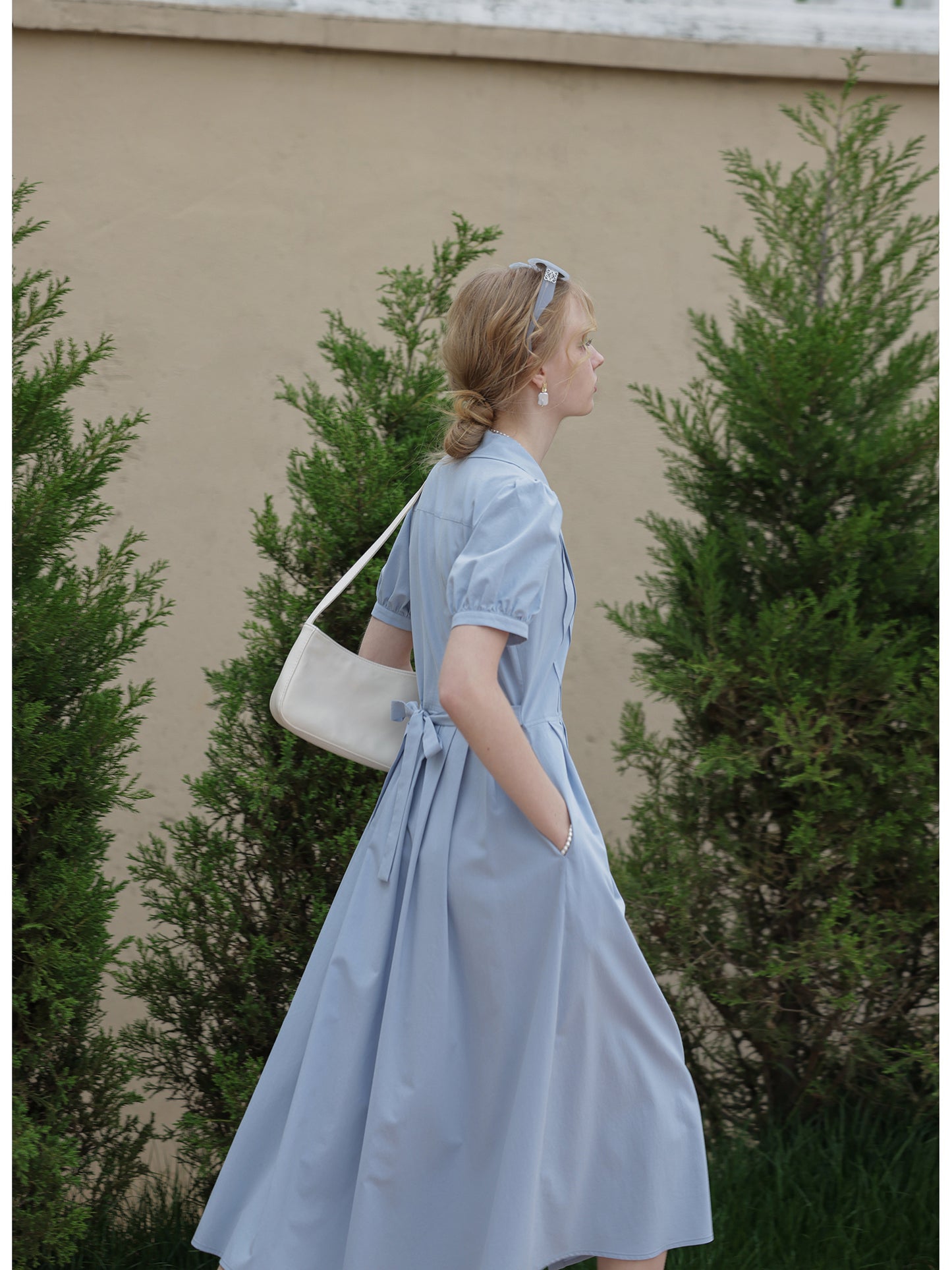 Flat-Collar Pleated Shirt Dress
