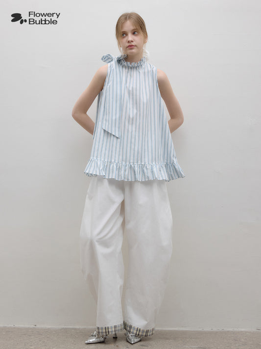 Ruffled High Collar Sleeveless Stripe Top With Neck Tie
