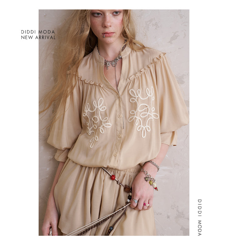 Embroidered Fluid Dress With Half Sleeves
