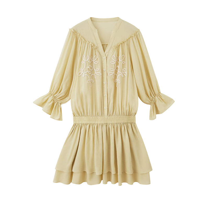 Embroidered Fluid Dress With Half Sleeves