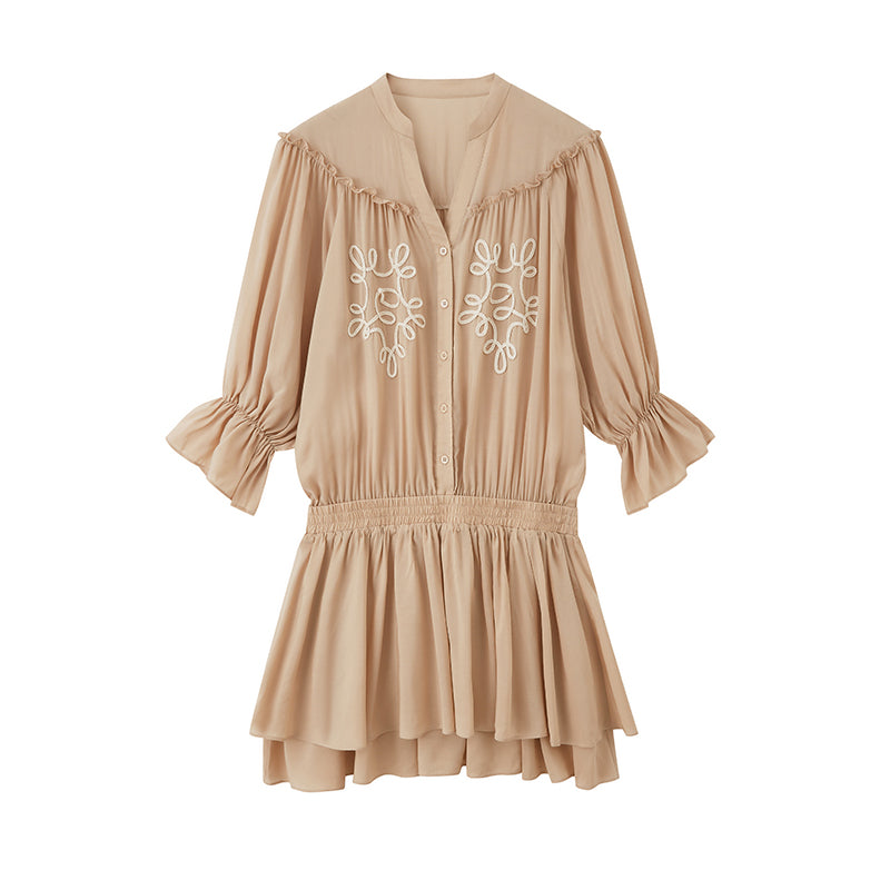 Embroidered Fluid Dress With Half Sleeves