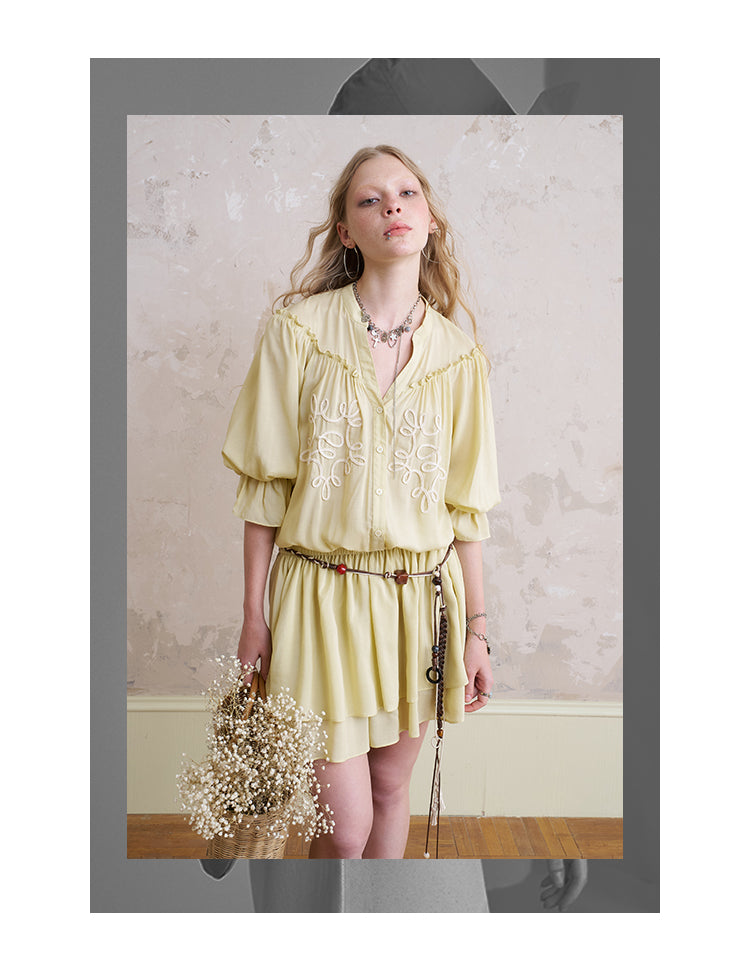 Embroidered Fluid Dress With Half Sleeves