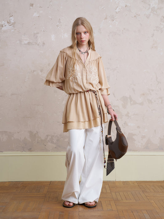 Embroidered Fluid Dress With Half Sleeves