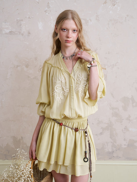 Embroidered Fluid Dress With Half Sleeves