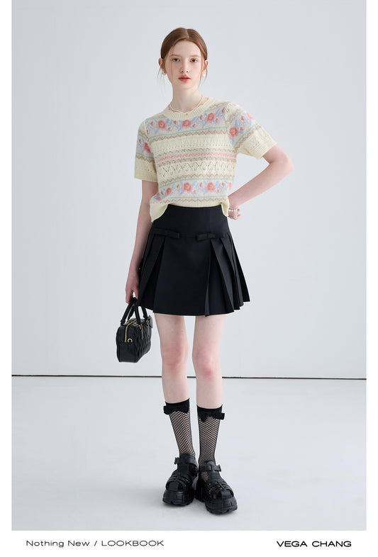 Scallop Neck Floral Jacquard Knit Top