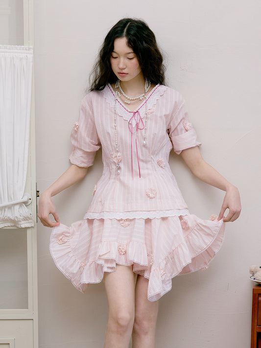 Three-Quarter Sleeve Blouse And Asymmetrical Skirt