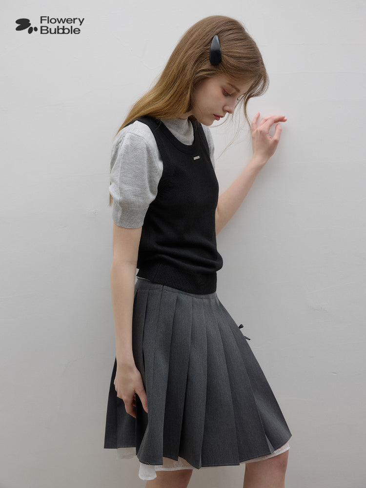 Contrast-Color Puff-Sleeve Knit Top With Faux-Layered Vest