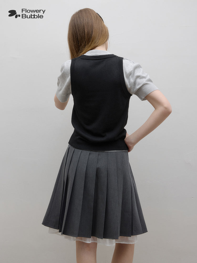 Contrast-Color Puff-Sleeve Knit Top With Faux-Layered Vest