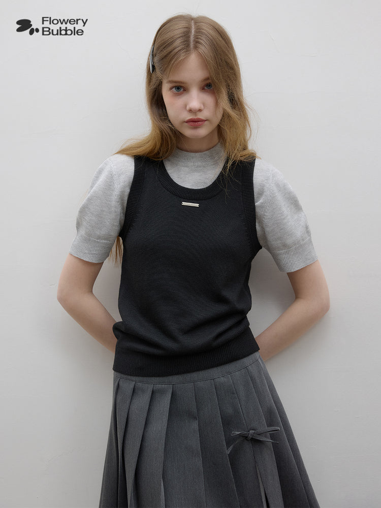 Contrast-Color Puff-Sleeve Knit Top With Faux-Layered Vest