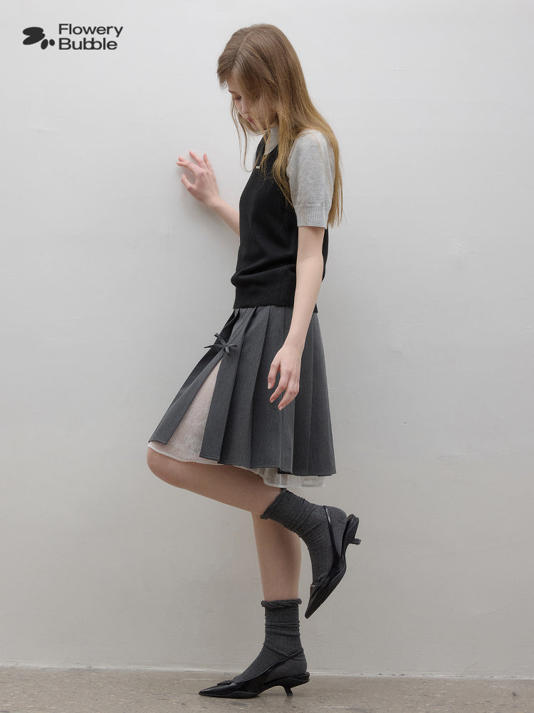 Contrast-Color Puff-Sleeve Knit Top With Faux-Layered Vest
