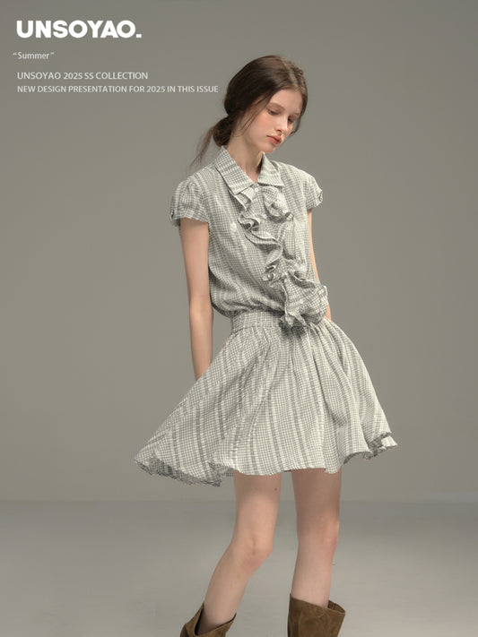 Cinched Waist Embroidered Gingham Dress