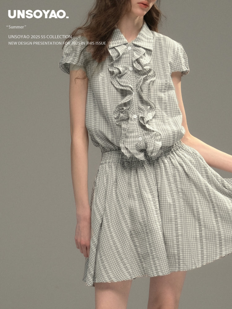Cinched Waist Embroidered Gingham Dress