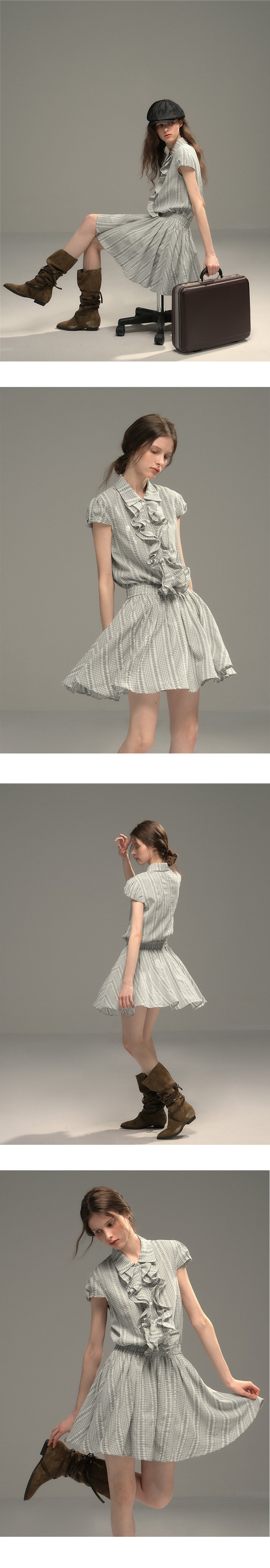 Cinched Waist Embroidered Gingham Dress