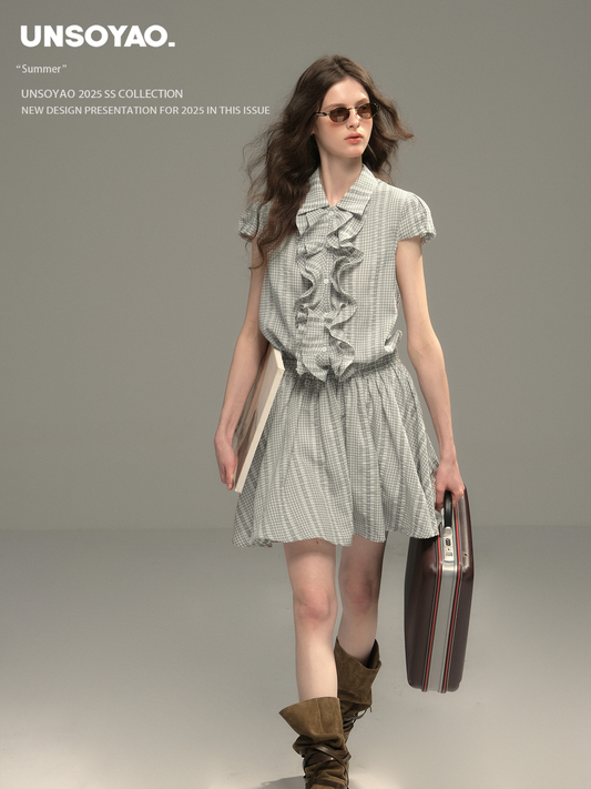 Cinched Waist Embroidered Gingham Dress