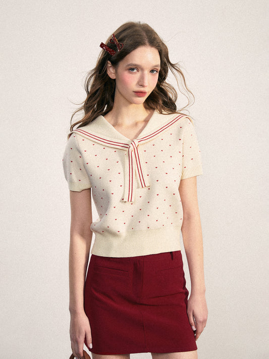 Polka Dot Knit Top With Sailor Stripe Collar