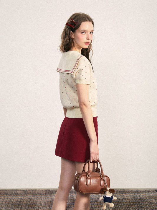 Polka Dot Knit Top With Sailor Stripe Collar