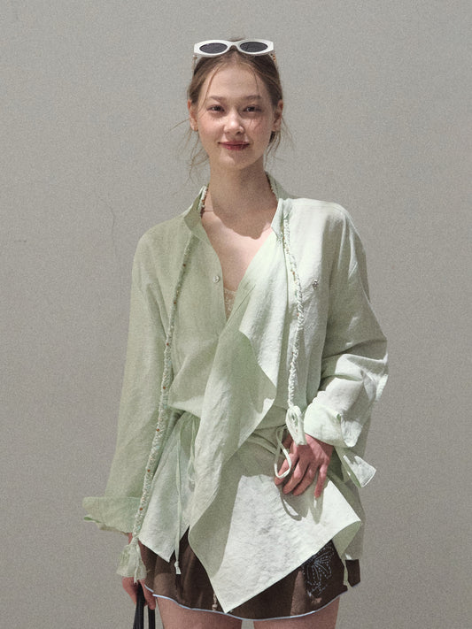 Braid-Accent Draped Shirt In Linen Cotton Blend