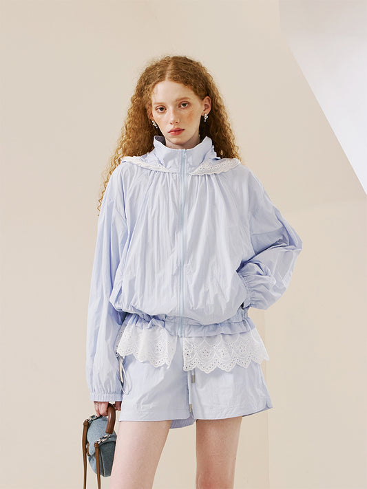 Lace-Trimmed Nylon Jacket And Shorts