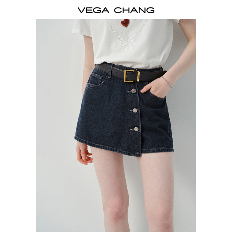 Asymmetric Button-Front Denim Skirt Pants
