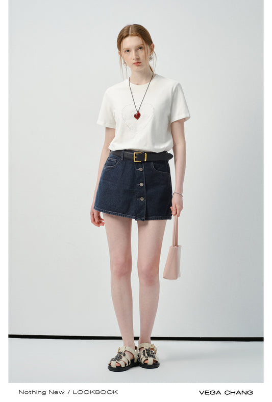 Asymmetric Button-Front Denim Skirt Pants