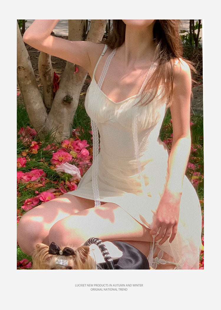 Ruched Sheer Overlay Cami Dress