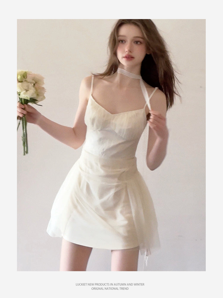 Ruched Sheer Overlay Cami Dress