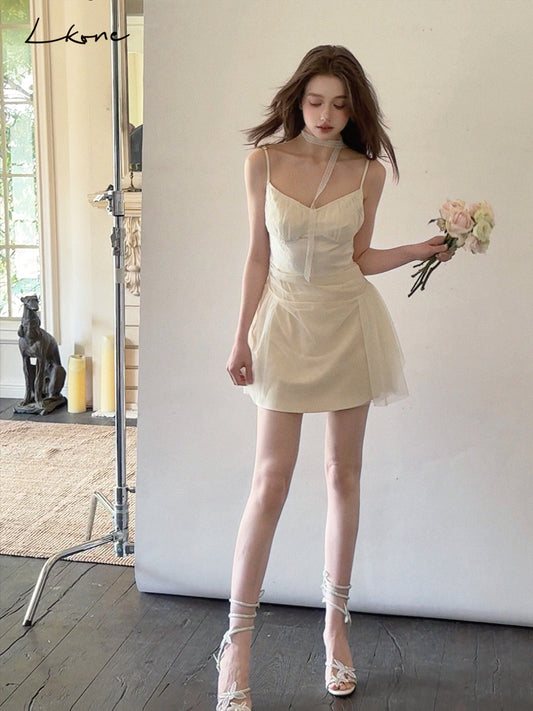 Ruched Sheer Overlay Cami Dress