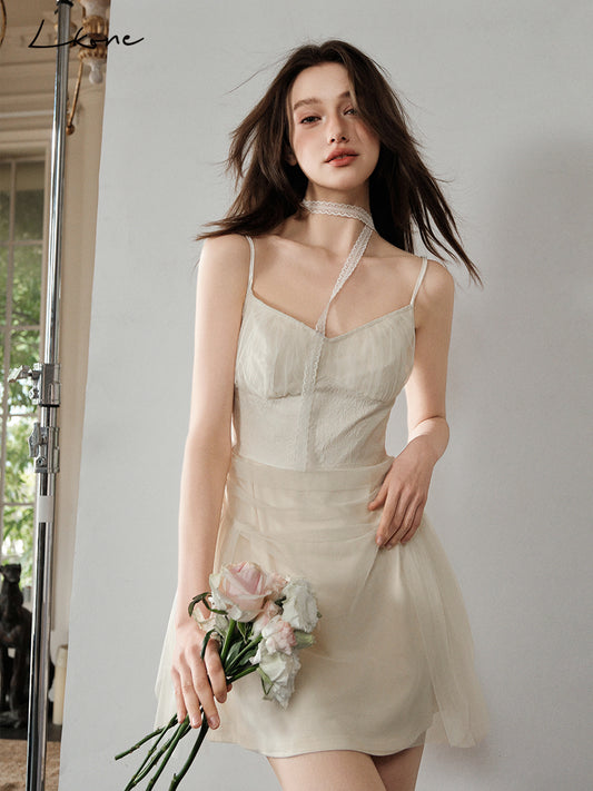 Ruched Sheer Overlay Cami Dress